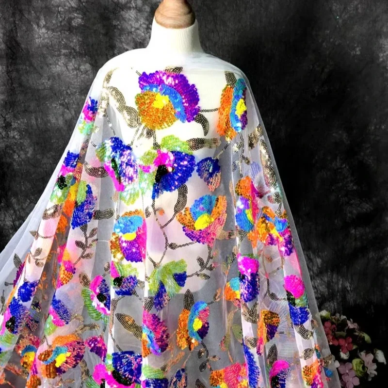 Colorful Crystal Sequins  Clustered Flowers  Sparkling Mesh Dress  High-end Customized Dress  Designer Embroidered Fabric