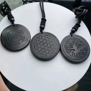 Doğal Shungite kolye 3D desen kolye taş oyulmuş Charms Amulets EMF koruma plakası hediye meditasyon Yoga Fengshu