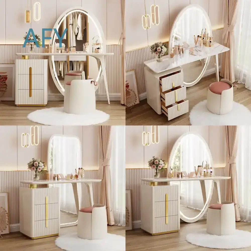 Light Luxury Rock Plate Dressing Table for Bedroom Full Length Dressing Mirror Integrated Storage Cabinet Solid Wood Vanity