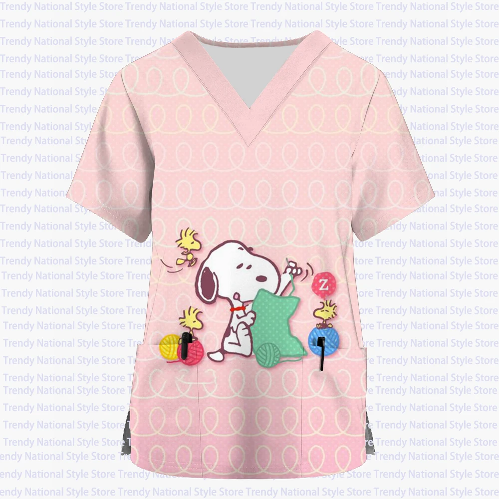 여성 간호 의류 만화 스누피 프린트 포켓 v 넥 탑 의료 유니폼 병원 간호사 미용실 수술 의류