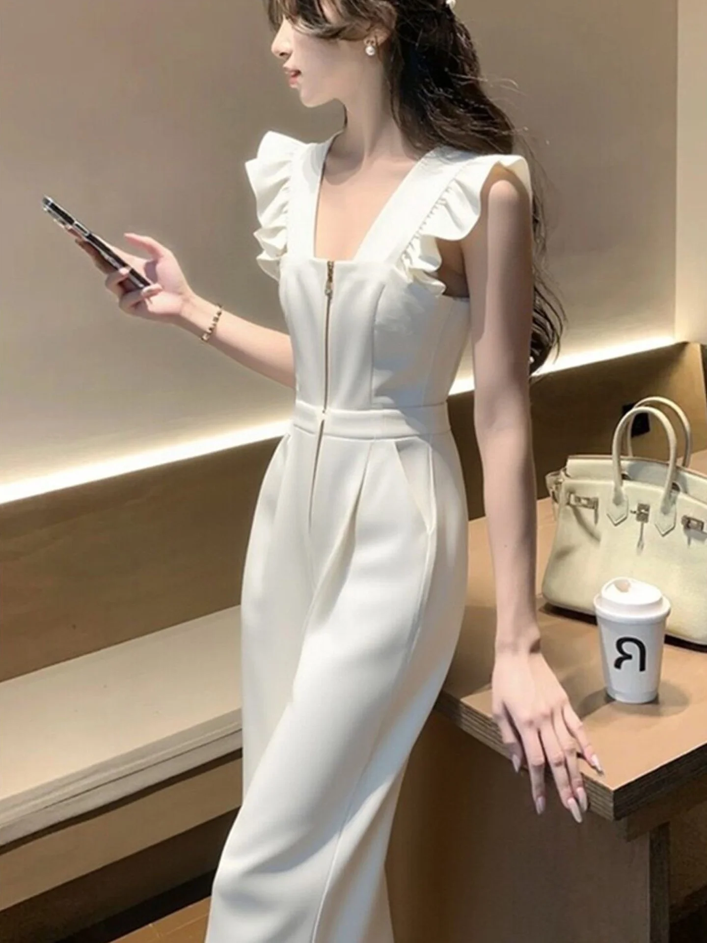 Korean Style High-End Sensation  Age-Defying Fashionable One-Piece Pants Women's Autumn New Small Flying Sleeve Whit...