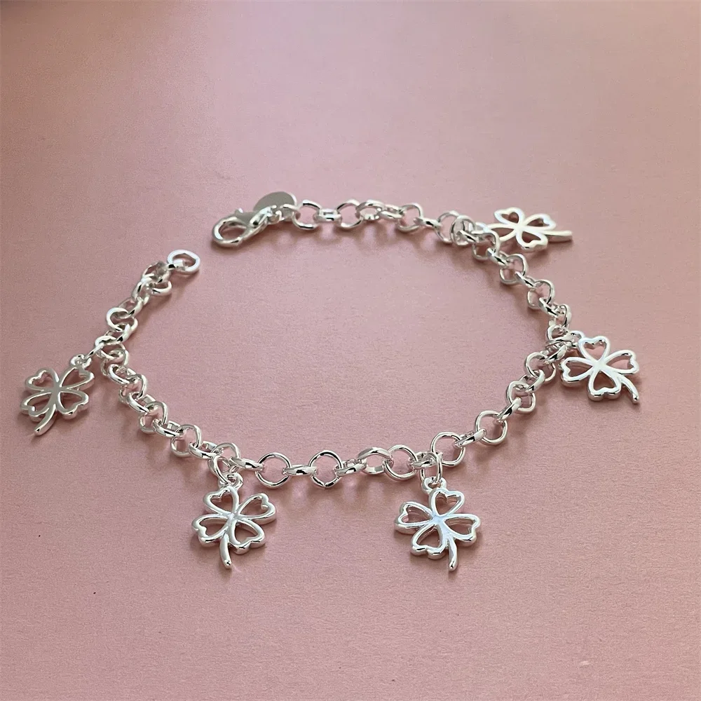 925 Sterling Silver Bracelet Four Leaf Clover Charm Exquisite Women Fashion Wedding Party Gift Jewelry