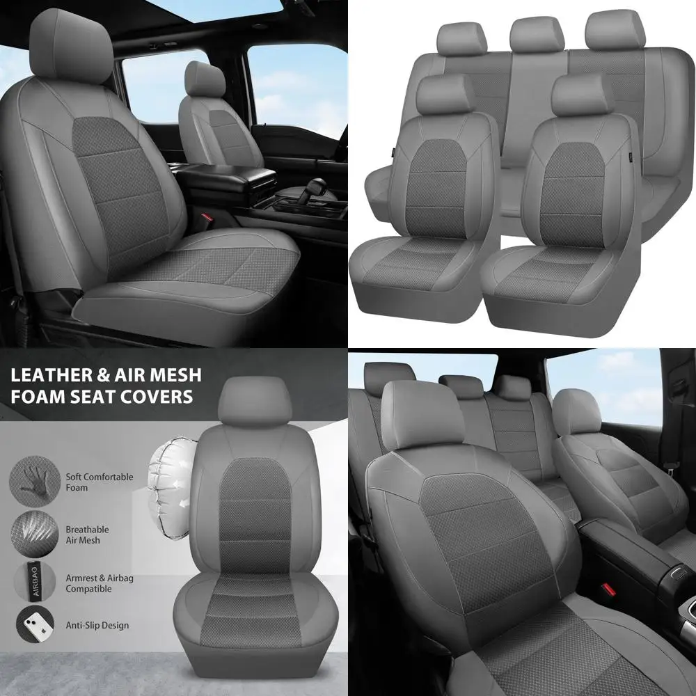 

Breathable Leather Car Seat Covers Full Set Airbag Compatible for Cars, SUVs, Trucks, Vans - Gray