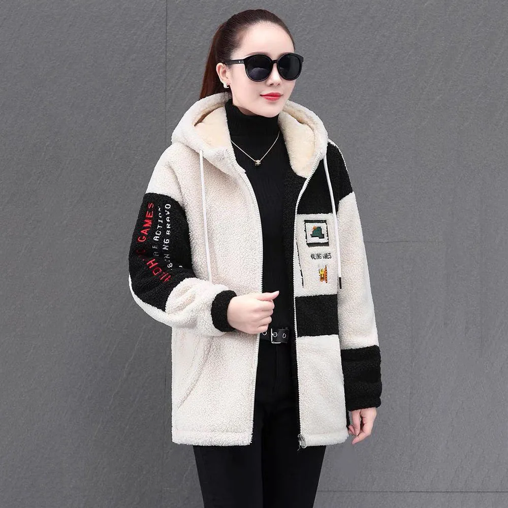 Cardigan Fashion Embroidery Splicing Cashmere Coat Female Autumn And Winter New Loose Fleece Warm Hooded Long Fur Coat FemaleTid