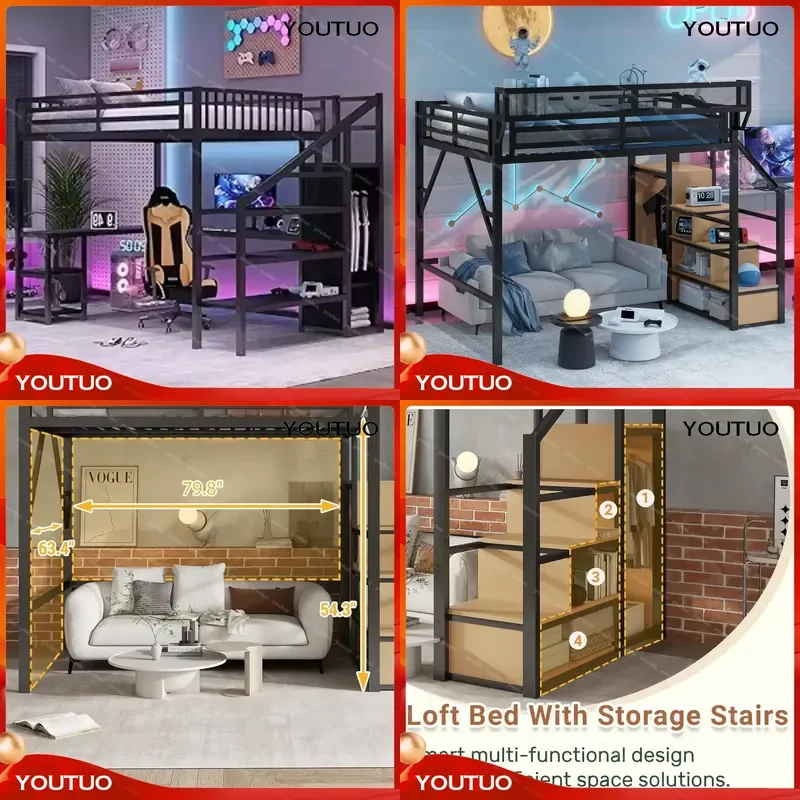 Queen Size Metal Loft Bed Frame with Stairs Storage Bedside Shelf Large Under-Bed Space Heavy-Duty Beds