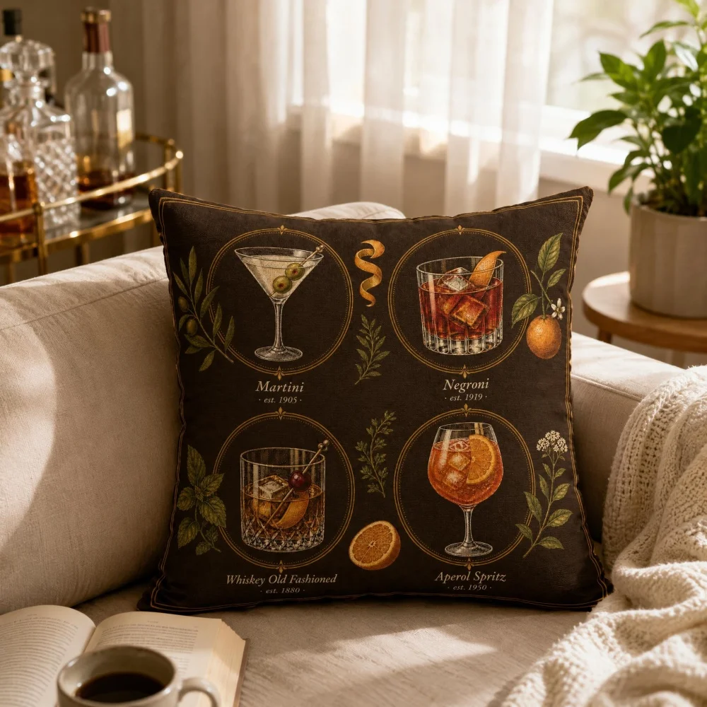Vintage Classic Cocktail Square Throw Pillow Drink Illustration Retro Bar Decorative Cushion for Sofa Living Room Home Decor