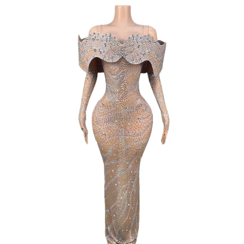 

Fashion Slash Neck Crystal Birthday Wedding Party Celebration Occasion Long Dress Women Evening Banquet Bodycon Dress Party Wear