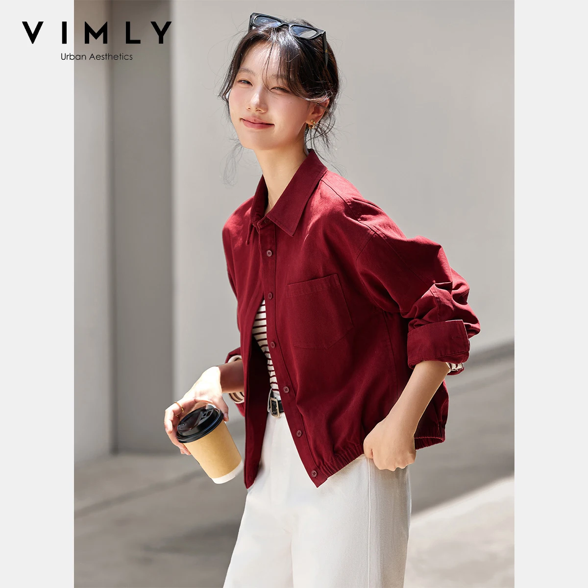 VIMLY Women's Autumn Red Jackets Long Sleeve Woman Fashion 2025 New Ruched Ladies Tops Button Turn-down Female Short Coats A2137