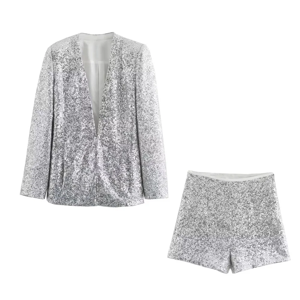 PB&ZA 2024 Spring Summer New Women\'s Fashion and Fashionable Sequins Suit Coat High Waist Casual Shorts Set