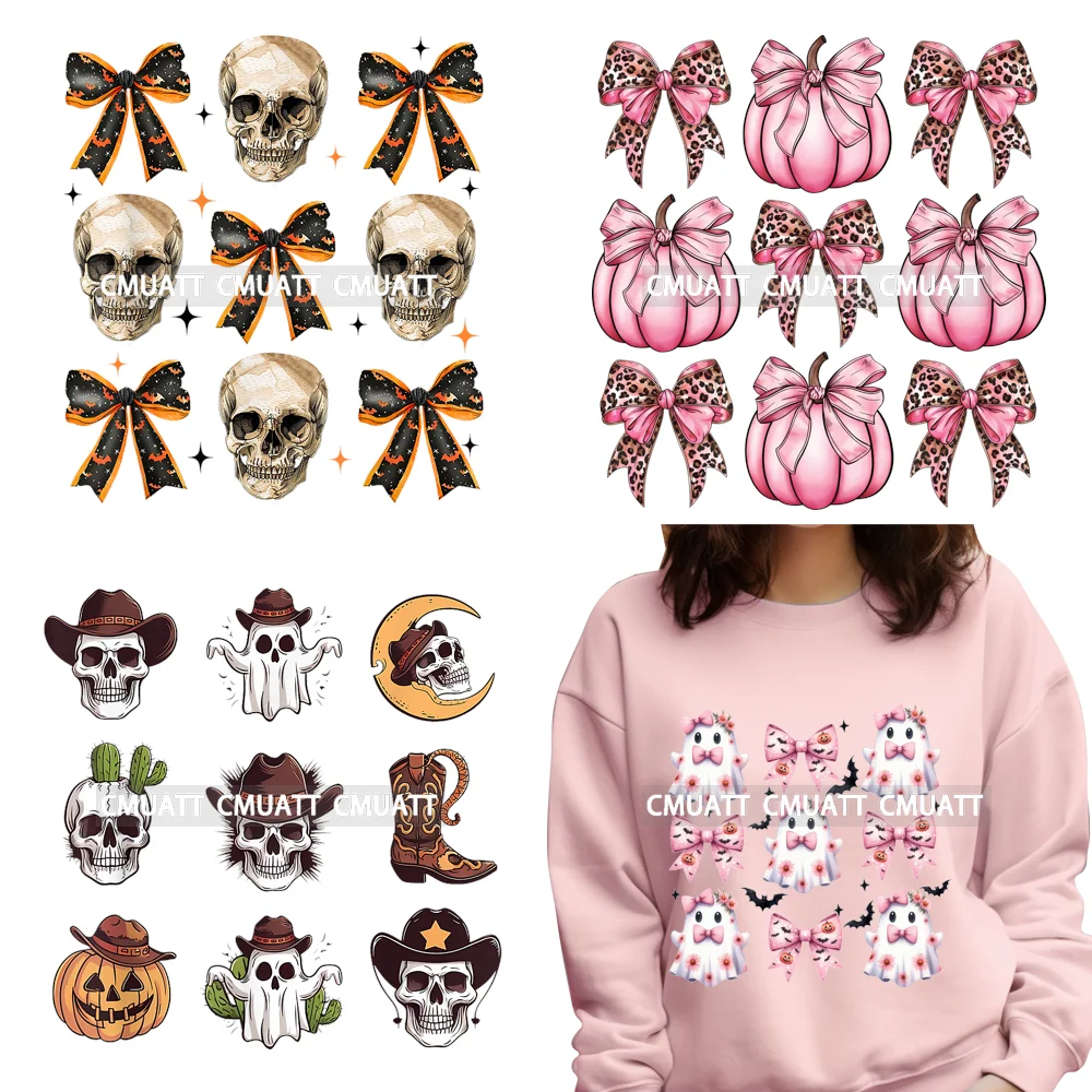 Halloween Coquette Bows Cute Ghost Pumpkin DTF Heat Transfer Sticker Washable DIY Ready To Press Iron On Clothing Garment Shirts