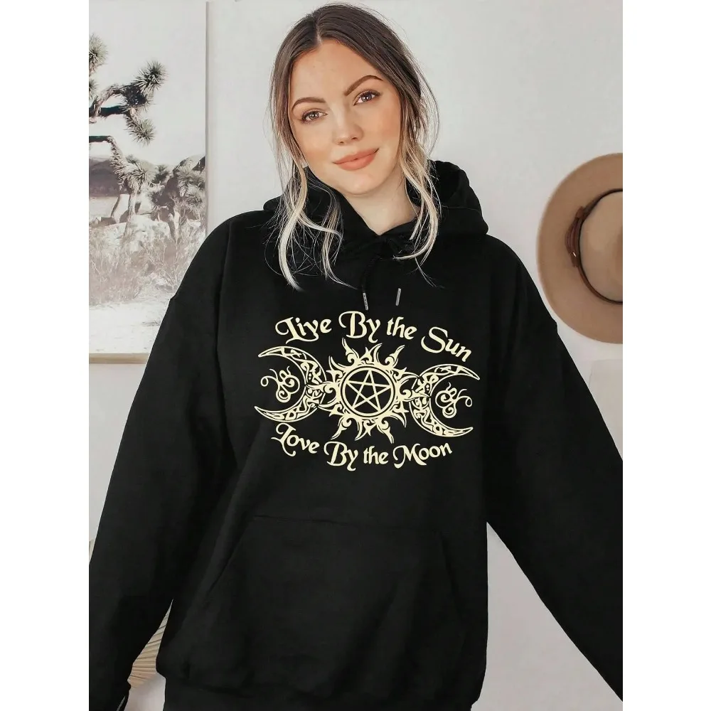 

Live By The Sun Love By The Moon Women Sweatshirt Harajuku Casual Hoody Fashion Top Loose Hoodie Autumn Warm Vintage Fleece Tops