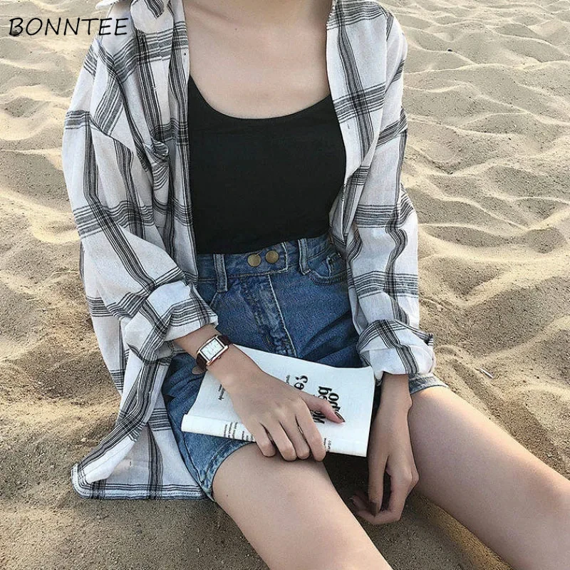 

Рубашки женские классические в клетку различные цвета милые универсальные повседневные простые студенческие в корейском стиле шикарные мягкие Harajuku винтажные Ulzzang