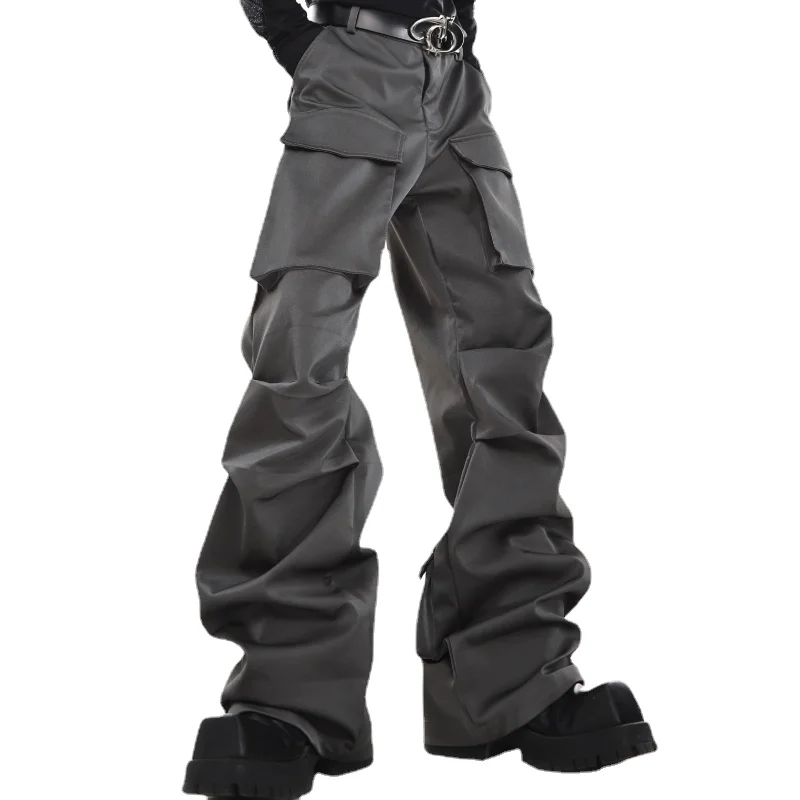 

Autumn Avant-Garde Woman Techwear Style Large Pocket Overalls Pleated Design Sense Slightly Flared Casual Pants Trousers Men