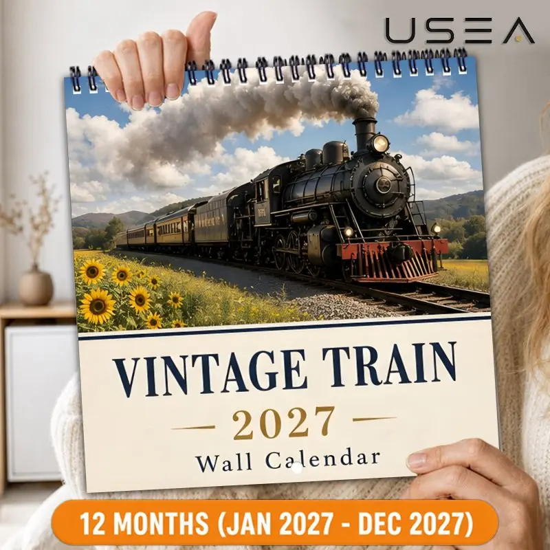 2027 Wall Calendar,Hanging Vintage Steam Train Calendar, US Federal Holidays, Aesthetic Wall Decor Holiday Gift