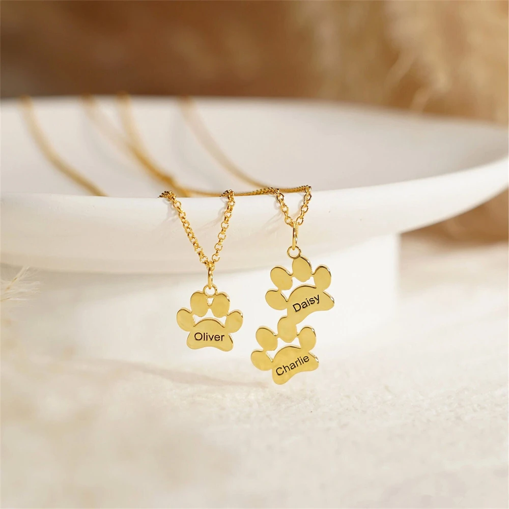 Custom Engraved Name Necklace Dog Paw Print Necklace Personalized Stainless Steel Pet Christmas Gift for Women Men Jewelry