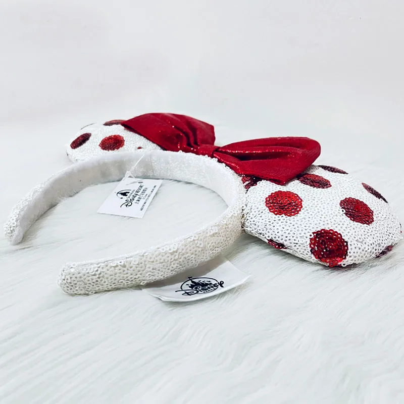 Disney Red And White Headband Mickey Ear For Adults Sequins Bow Headband Minnie Park Accessories Headwear