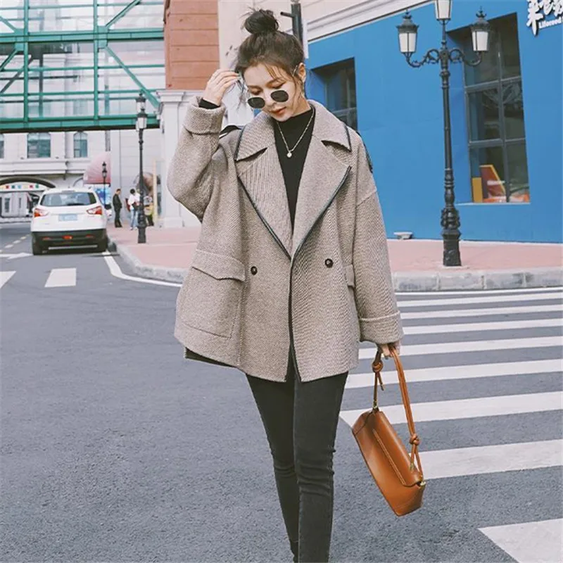 

Woolen Coat Women's Spring Autumn Stitching Lapel Long-sleeved Pocket Lined Loose Jacket Fashion Commuter Female Clothing ZM646