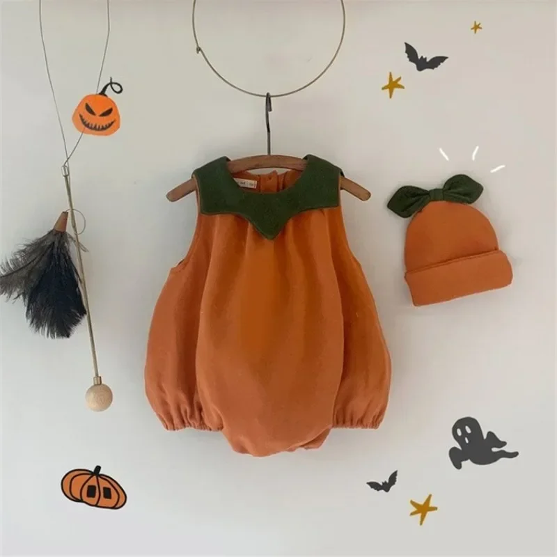 Cute Cosplay Halloween Baby Costume Pumpkin Suit Tops+Hat Cotton Clothing 0-2Y Baby Girls Clothes