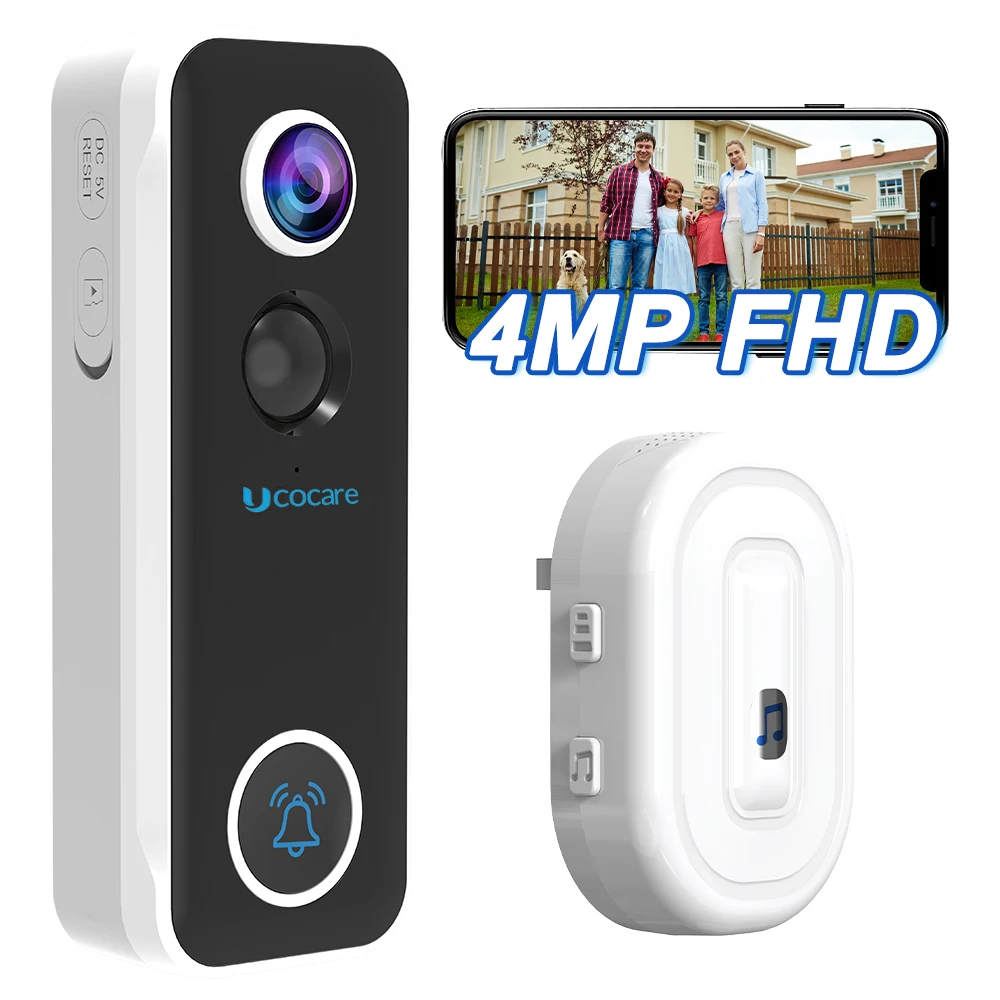 Campainha de vídeo WiFi sem fio com câmera, carrilhão, inteligente, ao ar livre, Home Video Intercom, detecção humana, Alexa, IP67, 4MP