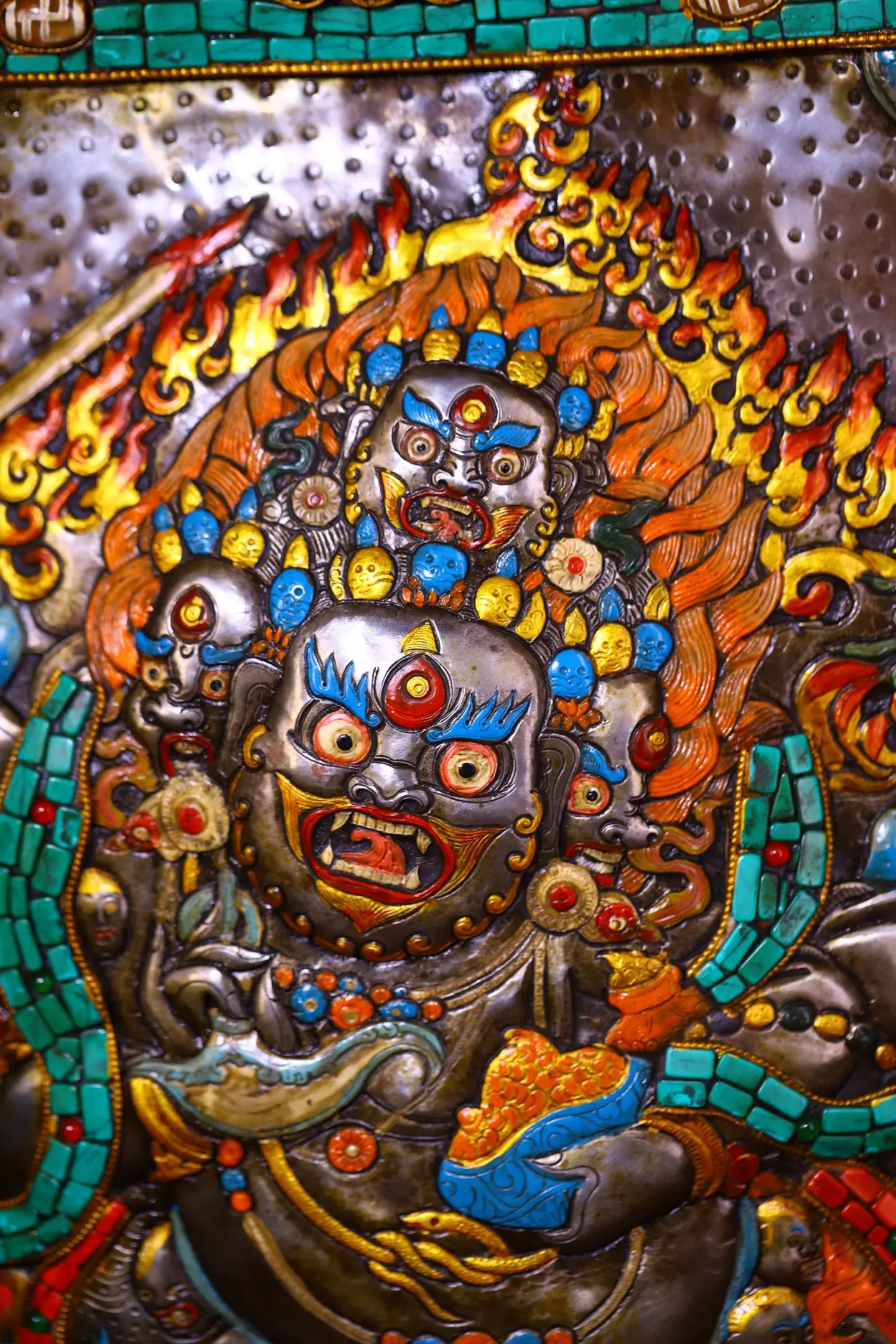 

16"Old China Collections Old Tiantie Mosaic Gem gZi Beads Turquoise Mahakala Buddha Palden Lhamo Thangka hanging panel