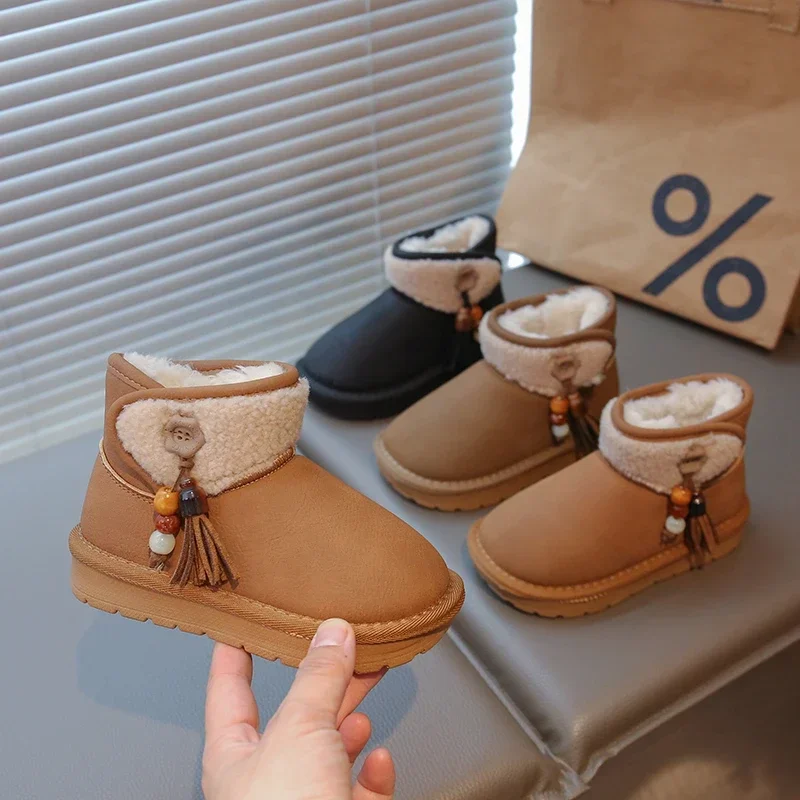 Kids Faux Fur Cuff Tassel Decor Fleece Lined Snow Boots, Toddler Warm Winter Ankle Boots, Non-Slip Thick Sole Girls
