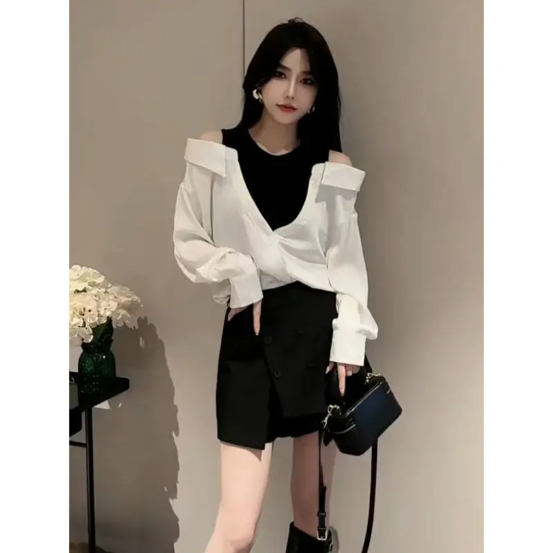 Spring Autumn Long Sleeve Patchwork Fake Two Pieces Fashion Blouse Hollow Out Contrast Casual Shirts Trend Korean Women Clothing