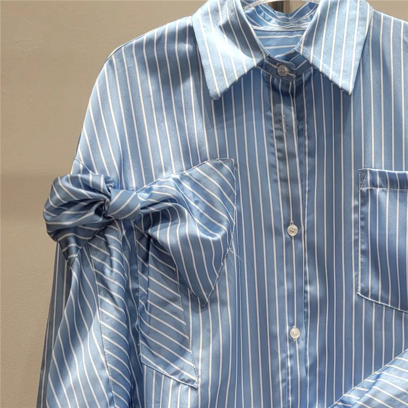 2024 Autumn New Bow Blue Striped Shirt Women High-Grade Korean Style Pocket Decoration Loose and Irregular Top Women Shirt