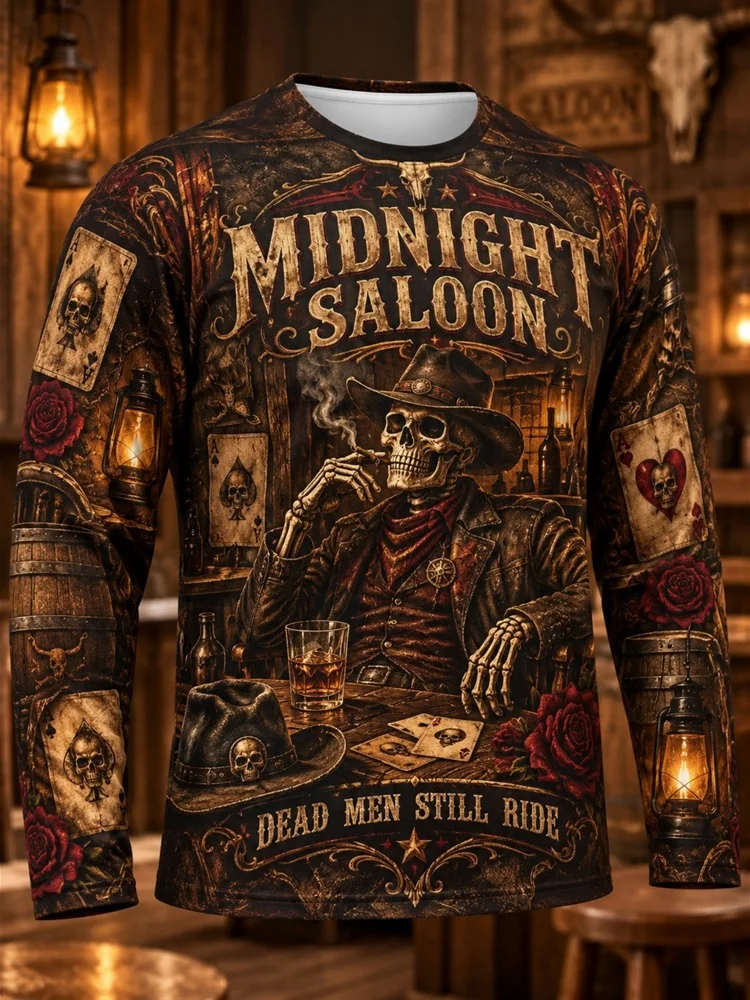 Men's Ghost Town Long Sleeve T-Shirt Western Skull Cowboy Raven Moon Pumpkin Ride If You Dare Graphic Tee Pullover Tops Gift