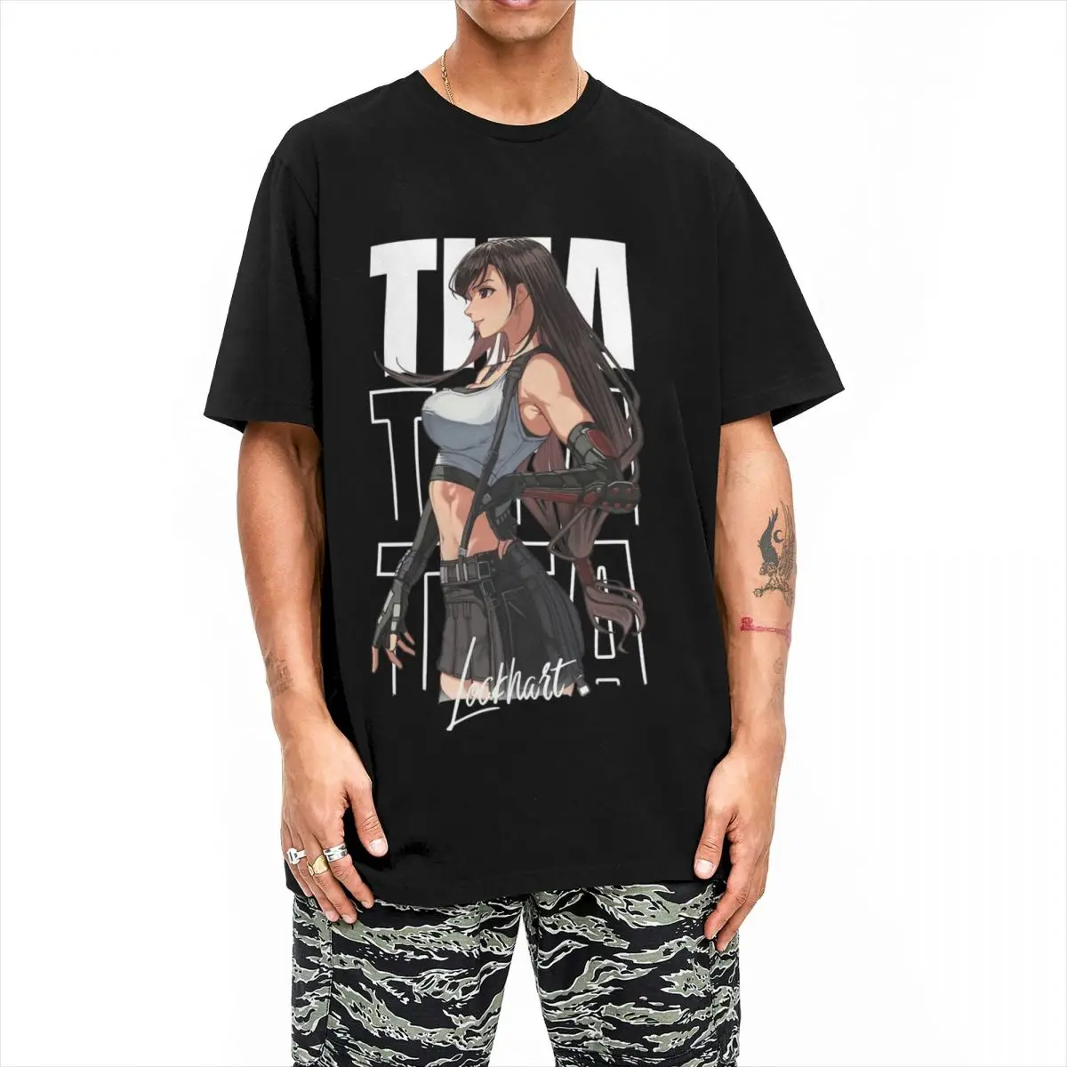 Anime Cheerful Tifa Lockhart Tshirts Unisex Cotton Tops Printed Final Fantasy 7 Crewneck Short Sleeve