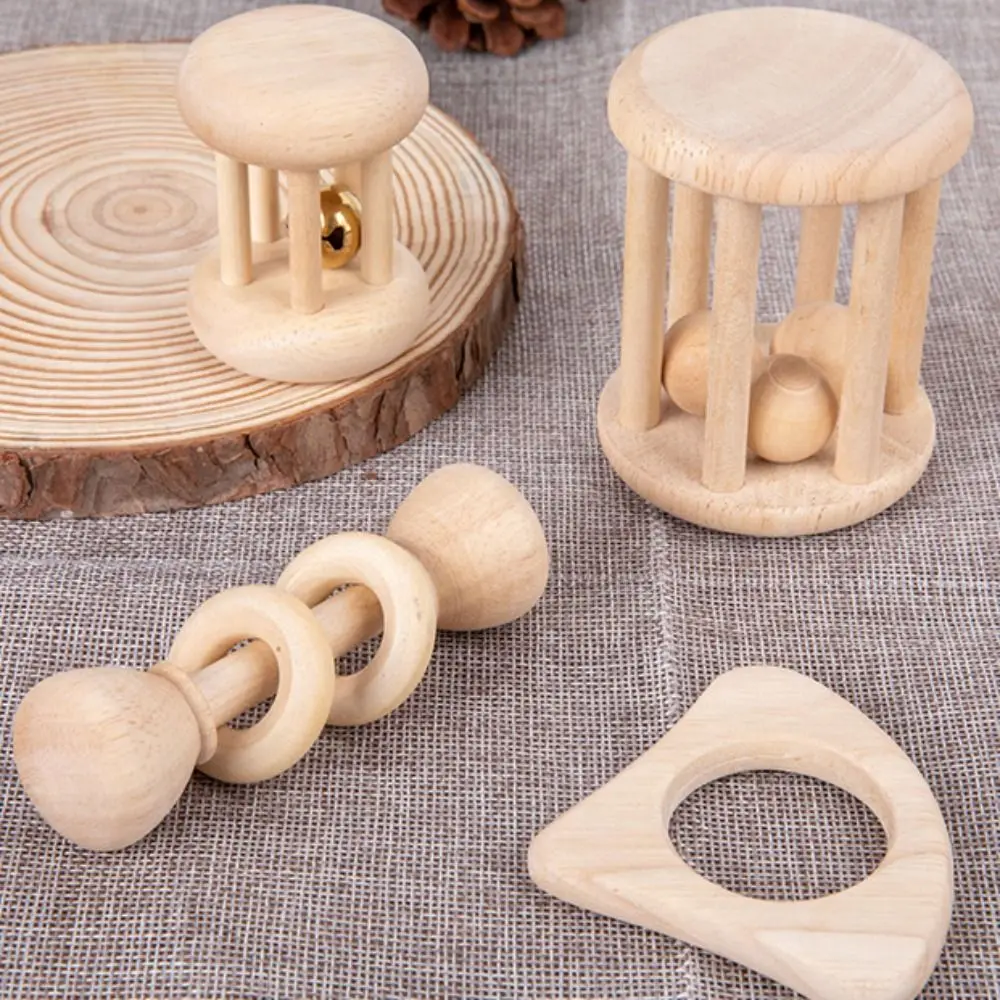 Wooden Baby Rattle Toy Montessori Teething Ring Log Geometric Grab Toy Natural Wood Rattle Set for Infants and Toddlers