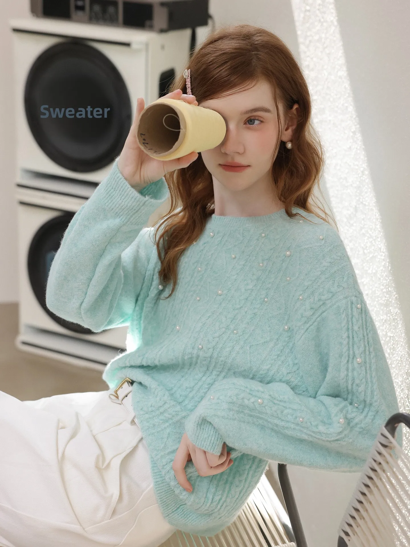 Fall 2026 Korean Style Lazy Knitted Sweater round Neck Long Sleeve Beaded Loose Fit Women's Fashion Commute Soft Polyester Blend