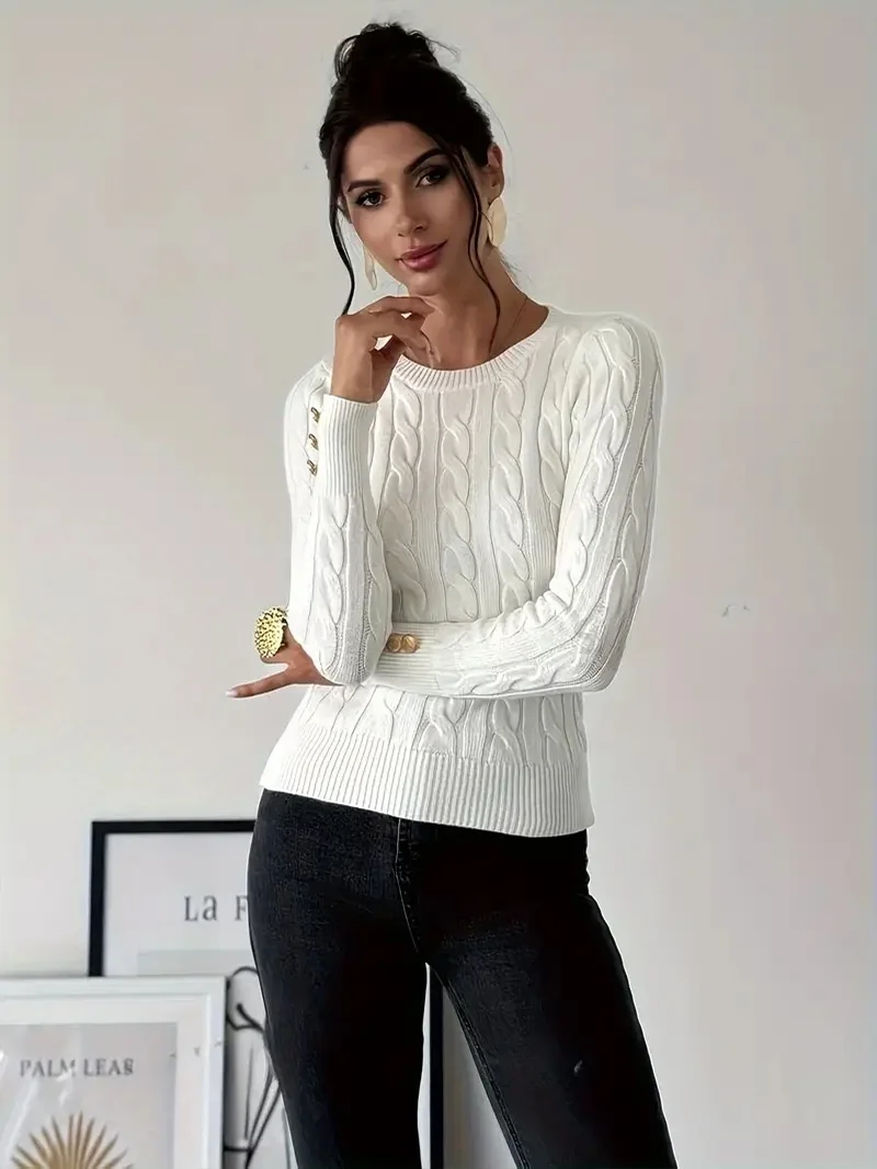 Faionable décontracté tricoté pull rond Ne torsadé haut en laine femmes Premium vêtements trajet Sle Long Sve coupe régulière