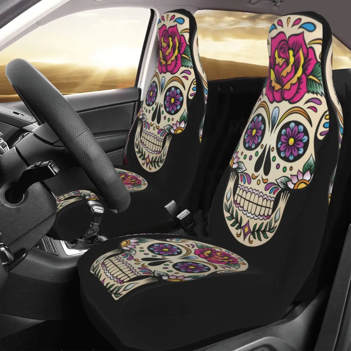 Day Of The Dead Sugar Skull With Rose Tile Universal Car Seat Cover Four Seasons Women Car Seat Mat Polyester Hunting