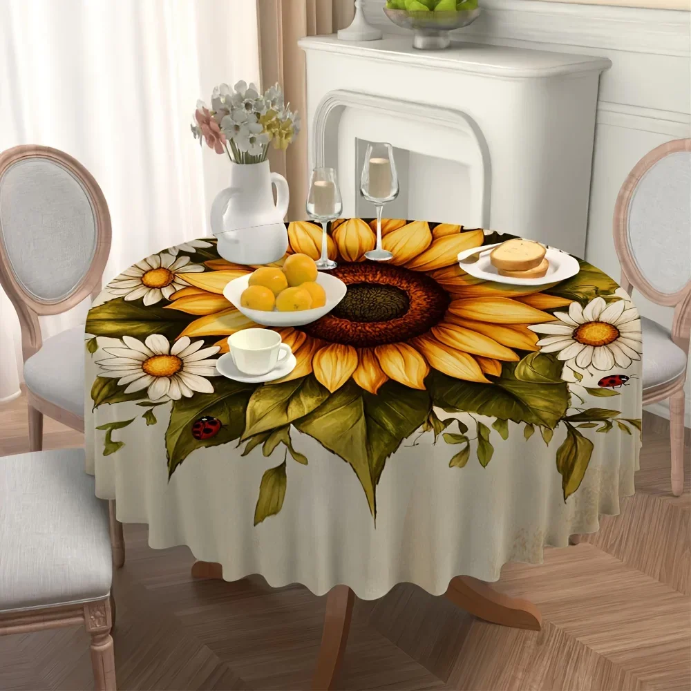 harmonious circular tablecloth design featuring sunflowers and daisies, inviting you to enjoy a wonderful dining experiencexzj