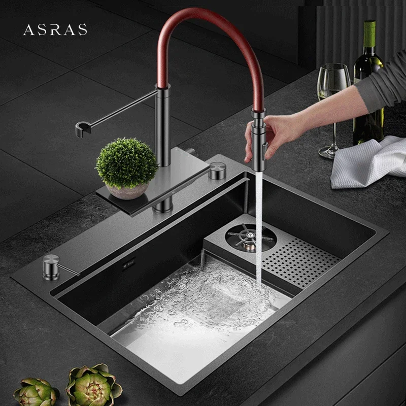 ASRAS Waterfall Faucet Kitchen Sinks Nanometer Cup Rinser Kitchen Sinks 4mm Thickness Handmade SUS 304 Stainless Steel Sinks