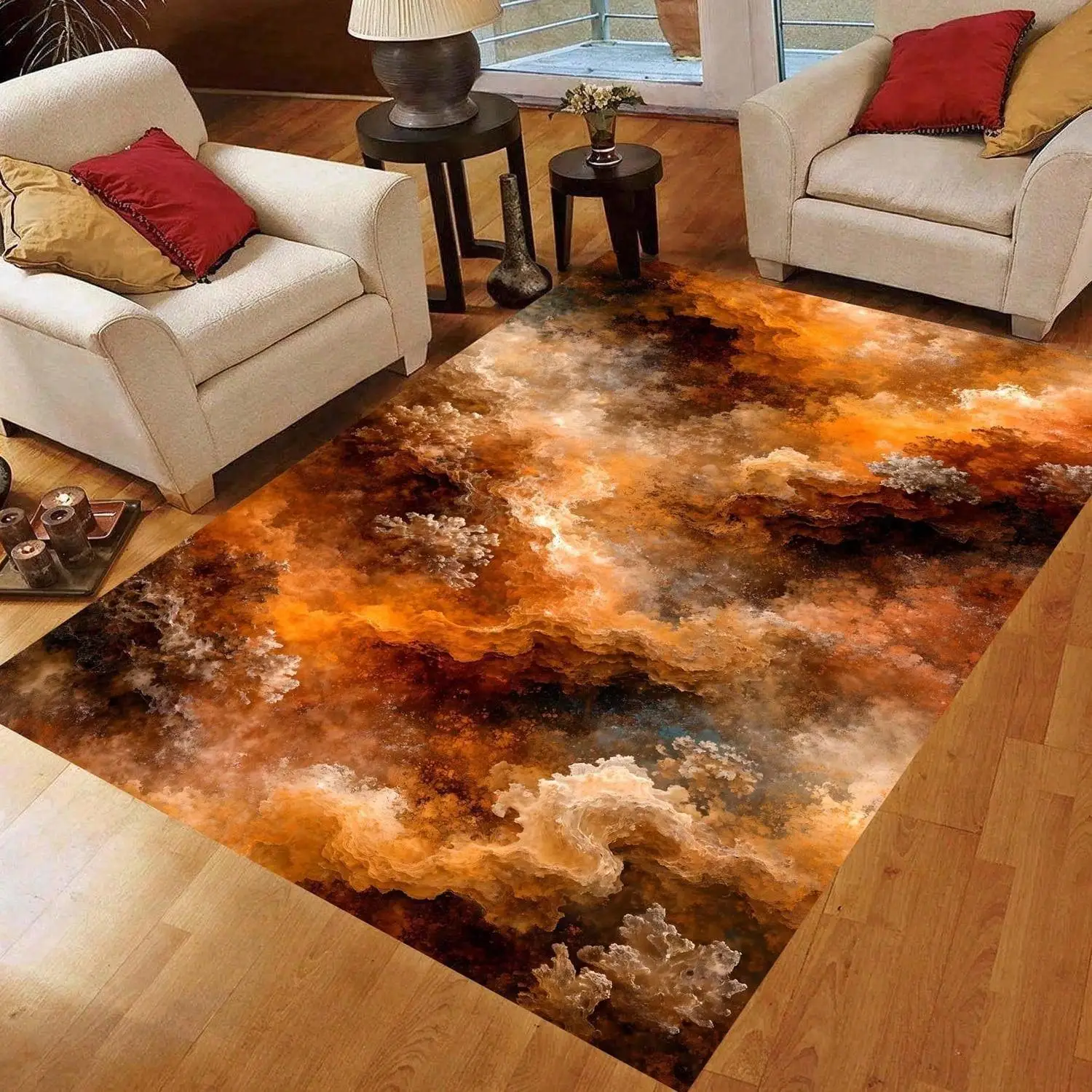 Burnt Orange Abstract Pattern Carpet, Carpet with a Cloud Scene with Smoke, Non-Slip
