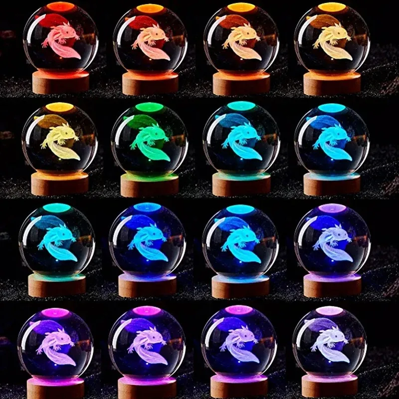 Veilleuse colorée en boule de cristal gravée, lampe 3D Axolotl, petite amie, compagnon d'irritation, épouse, cadeau d'anniversaire pour enfants, décoration de la maison