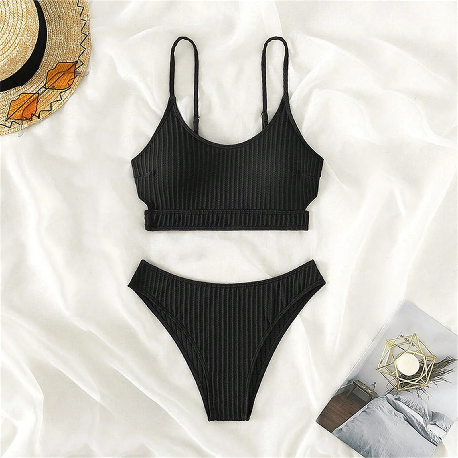 Women's High Waist Bikini Solid Color Bust Bikini Suit Swimsuit 2 Piece Sports Underwear Tankini plus Size Sunflower Swimsuit