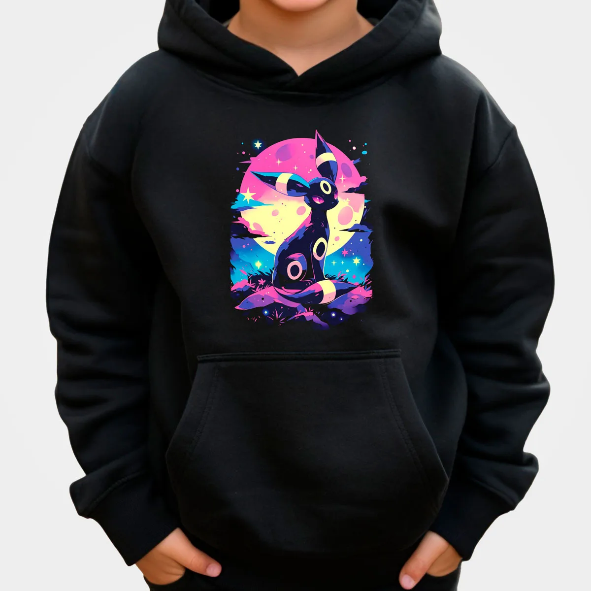 

Pokemon Anime Espeon Cotton Hoodie Black with Multicolor Starry Sky Moon and Mountain Night Scene Loose Fit Casual Home Wear