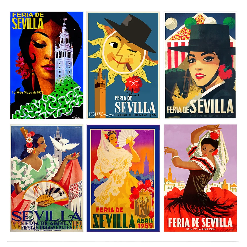 Pinturas en lienzo, imágenes Vintage, carteles de Kraft, pegatinas de pared recubiertas, decoración del hogar, regalo, viaje de Sevilla y Andalucía de España