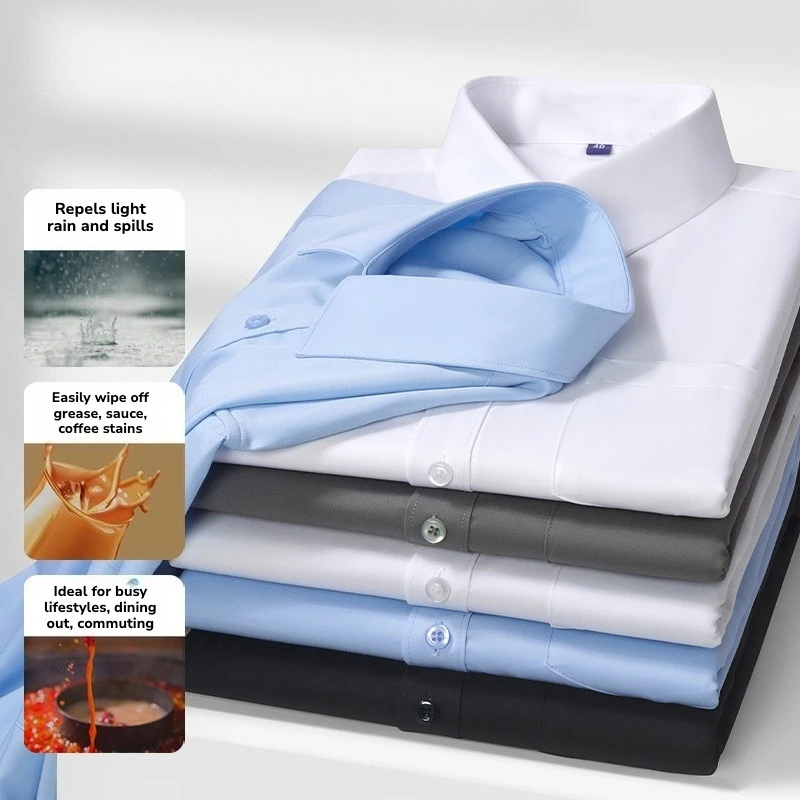 Men’s Waterproof Oil-Resistant Long Sleeve Shirt – 3-Proof Tech Fabric – Slim Fit Office/Casual Wear