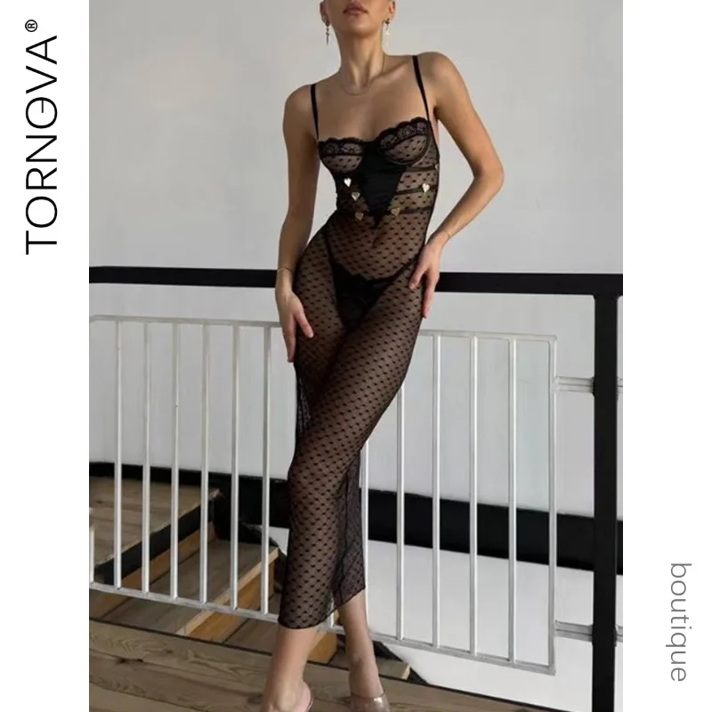 

Tornova Sexy Nightgown Lingerie Set Women Lace Patchwork Mesh Sexy See-through Jumpsuit Printed Suspender Dress Underwear Set