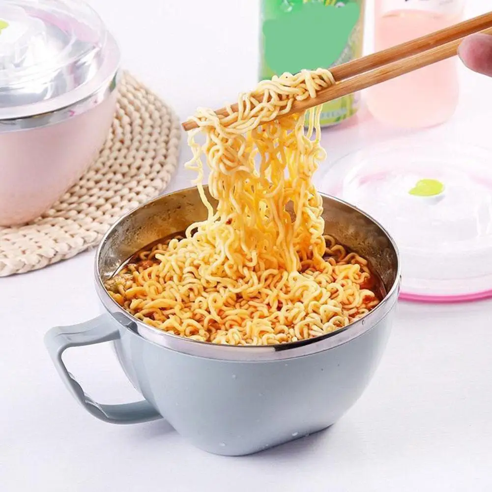 Tigela de macarrão ramen de dupla camada de aço inoxidável com alça, tampa antiescaldante da tigela, recipiente de manutenção fresca, macarrão alimentar, S9Y1