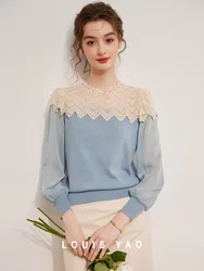 LOUIS YAO 2024 Splicing Color Contrasting Hook Flower Sweater Nail Bead Small High Collar Long Sleeve Women's Knitted Sweater