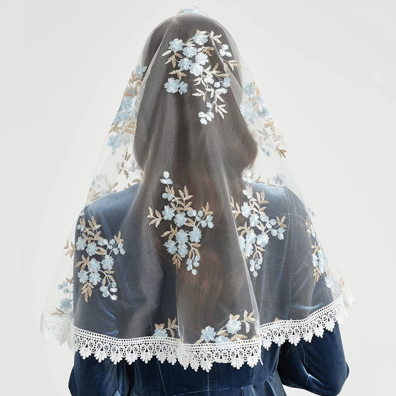 D شكل مانتيلا الحجاب الكاثوليكية أبيض أسود أبيض تول لغطاء رأس الكنيسة الشامل خمر مصلى الأزرق الزهور المطرزة