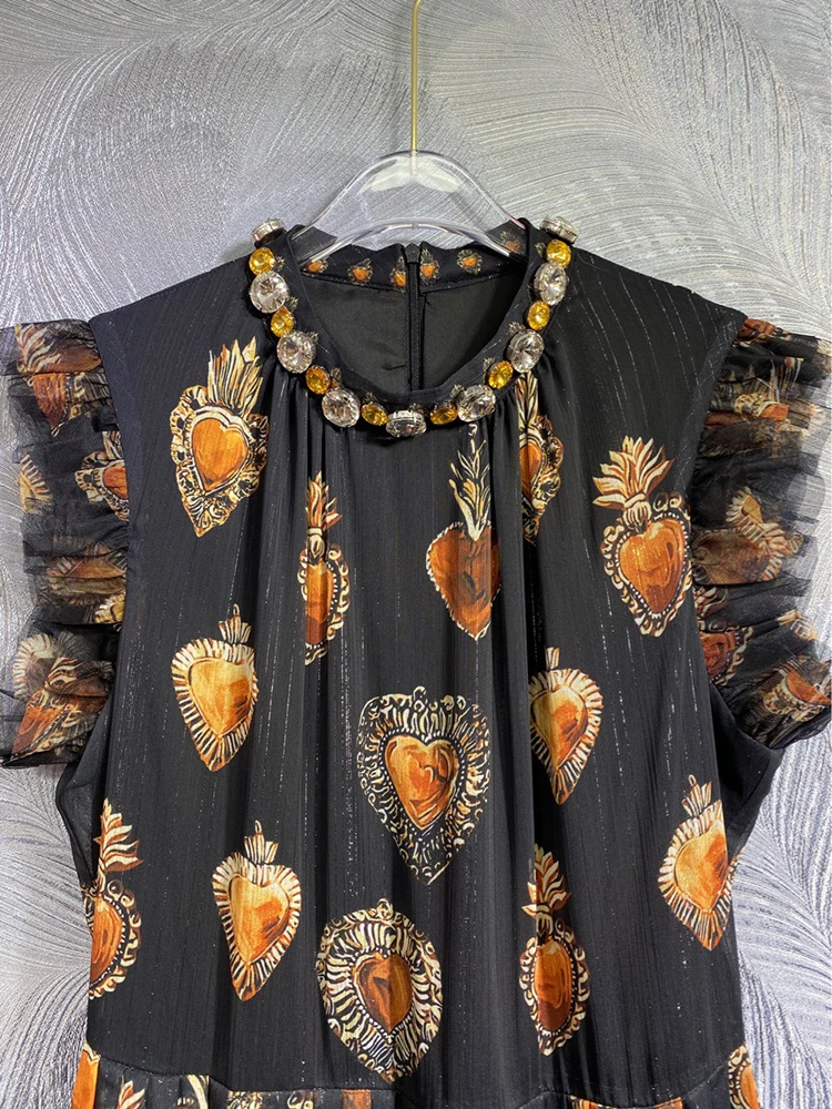 DLDENGHAN Summer Long Dress Women\'s Stand Collar Sleeveless Diamonds Love Print Vintage Dresses Fashion Designer New