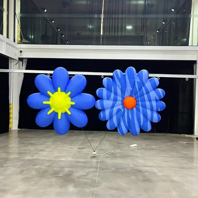Customized inflatable flowers with patterned LED lighting, blue giant flowers, inflatable decorations, suitable for stage