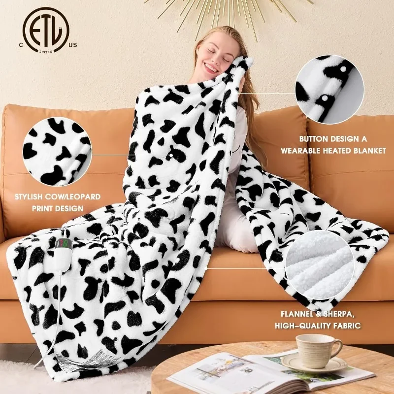 Cow Print Heating Blanket, 50x60 Artificial Rabbit Hair Heating Blanket, 10 Heating Levels and 8 Hours Automatic Closing