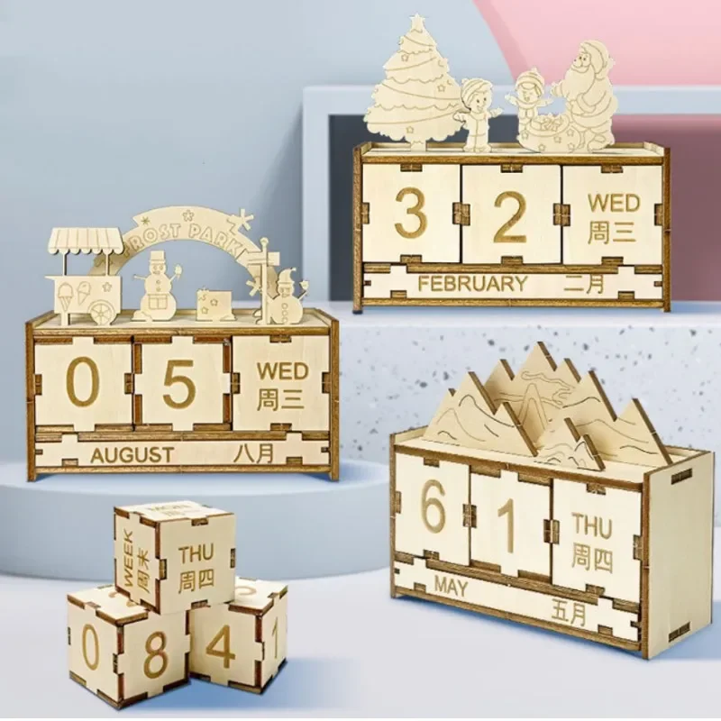 

3D Wooden Puzzles Calendar Model Handmade DIY Assembly Toy Jigsaw Desk Calendar Building Kits for Kids Christmas Gifts