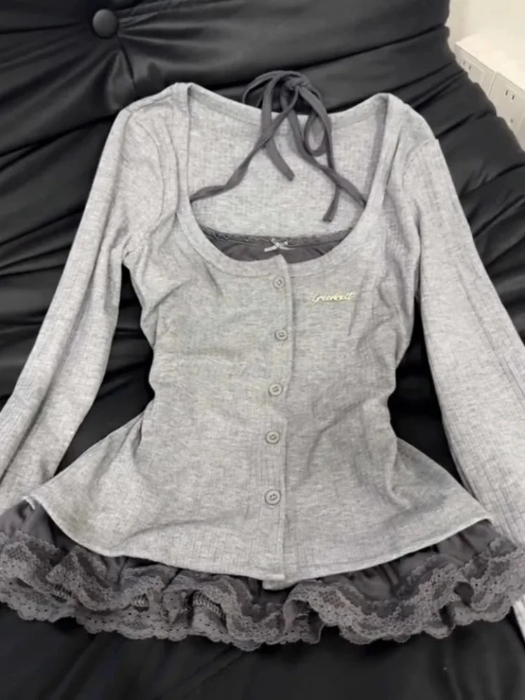 Y2K Korean Hottie Retro Fake Zweiteiliges Set Spitzenspleiß ​ ​ Langarm Slim Fit 2000er Street Temperament Design Damen T-Shirts